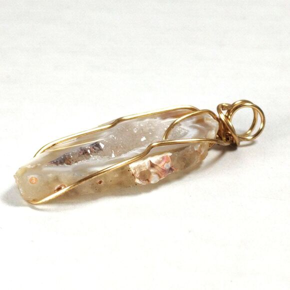 Gold Tone Wire Wrapped Agate Natural Raw Geode Druzy Sliced Stone Pendant Boho - Picture 13 of 16